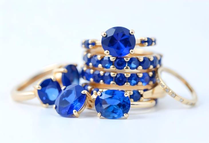 Glistening Sapphire Jewelry Rings and Earrings Display